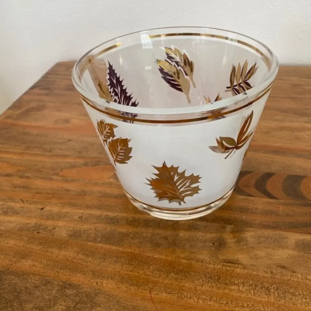 Vintage Libbey MCM Round Gold Leaf Ice Bucket